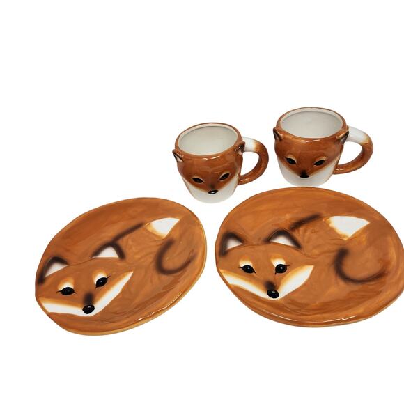 Lot Of 4 Red Fox Plate & Coffee Mug Set Autumn Fall Serving Decor Collectibles - Picture 1 of 11